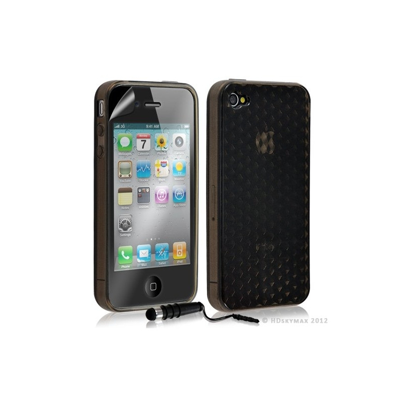 Housse étui coque en gel transparent pour Apple Iphone 4/4S motif damier couleur noir + mini stylet + Film protection