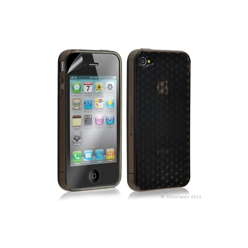 Housse étui coque en gel transparent pour Apple Iphone 4/4S motif damier couleur noir + Film protection