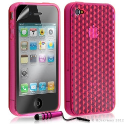 Housse étui coque en gel transparent pour Apple Iphone 4/4S motif damier couleur rose fuschia + mini stylet + Film protection