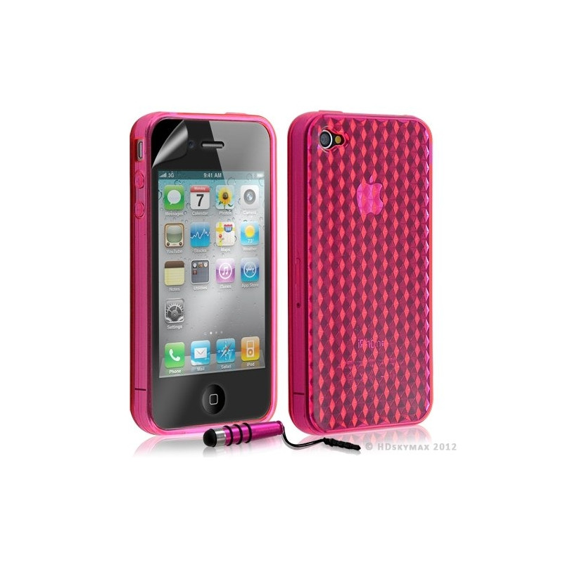 Housse étui coque en gel transparent pour Apple Iphone 4/4S motif damier couleur rose fuschia + mini stylet + Film protection