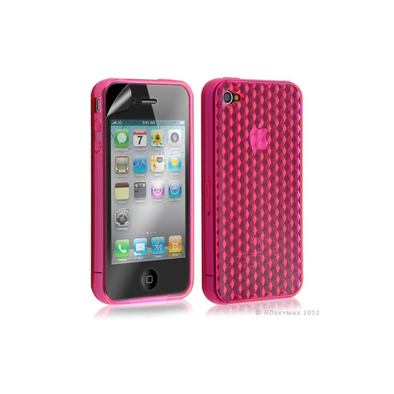 Housse étui coque en gel transparent pour Apple Iphone 4/4S motif damier couleur rose fuschia + Film protection