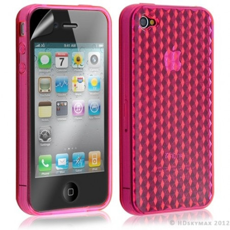 Housse étui coque en gel transparent pour Apple Iphone 4/4S motif damier couleur rose fuschia + Film protection