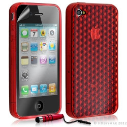 Housse étui coque en gel transparent pour Apple Iphone 4/4S motif damier couleur rouge + mini stylet + Film protection