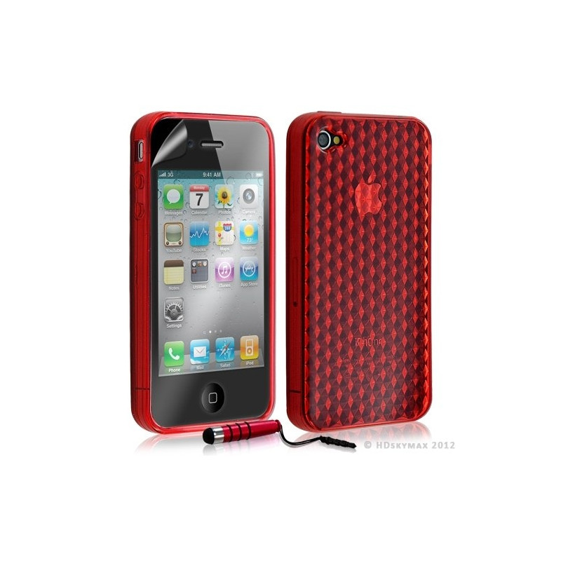 Housse étui coque en gel transparent pour Apple Iphone 4/4S motif damier couleur rouge + mini stylet + Film protection