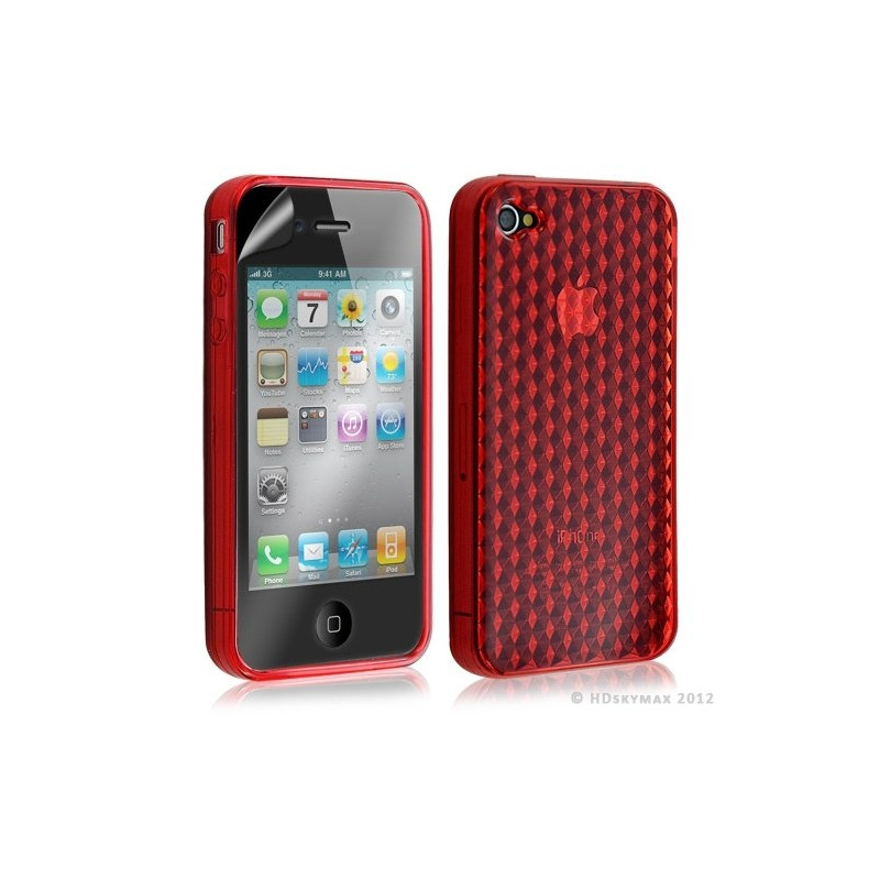 Housse étui coque en gel transparent pour Apple Iphone 4/4S motif damier couleur rouge + Film protection