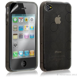 Housse étui coque en gel transparent pour Apple Iphone 4/4S motif rond couleur noir + Film protection