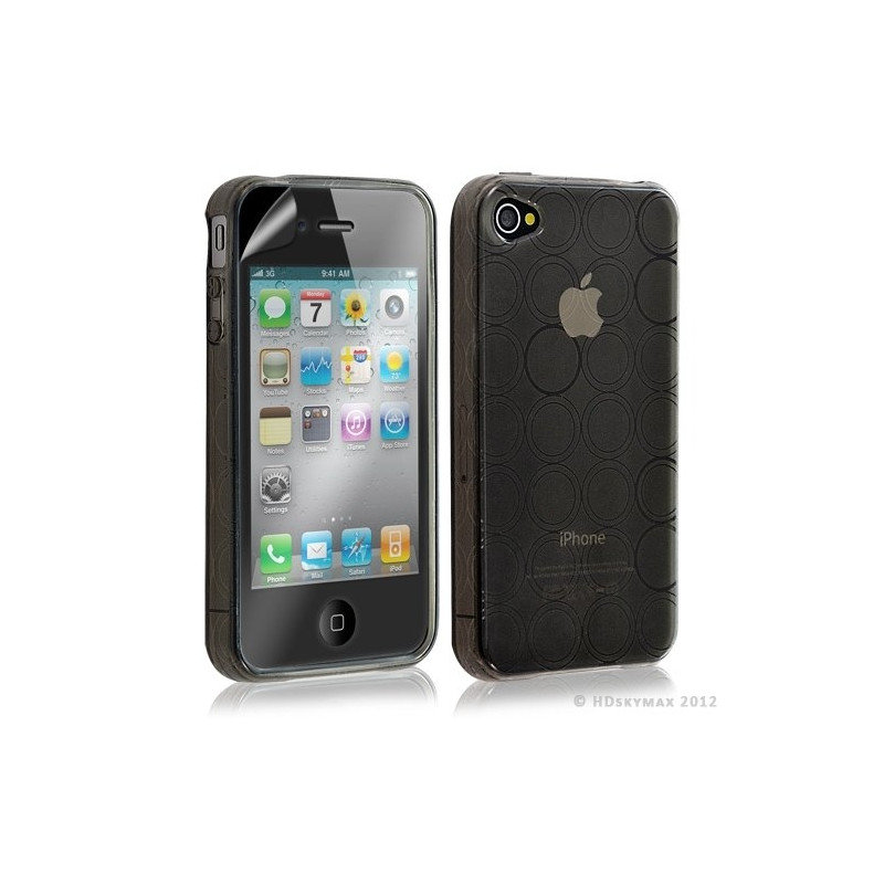 Housse étui coque en gel transparent pour Apple Iphone 4/4S motif rond couleur noir + Film protection