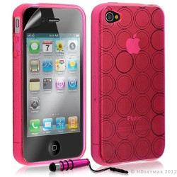 Housse étui coque en gel transparent pour Apple Iphone 4/4S motif rond couleur rose fuschia + mini stylet + Film protection