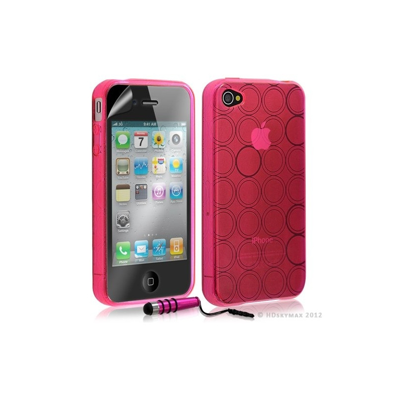 Housse étui coque en gel transparent pour Apple Iphone 4/4S motif rond couleur rose fuschia + mini stylet + Film protection