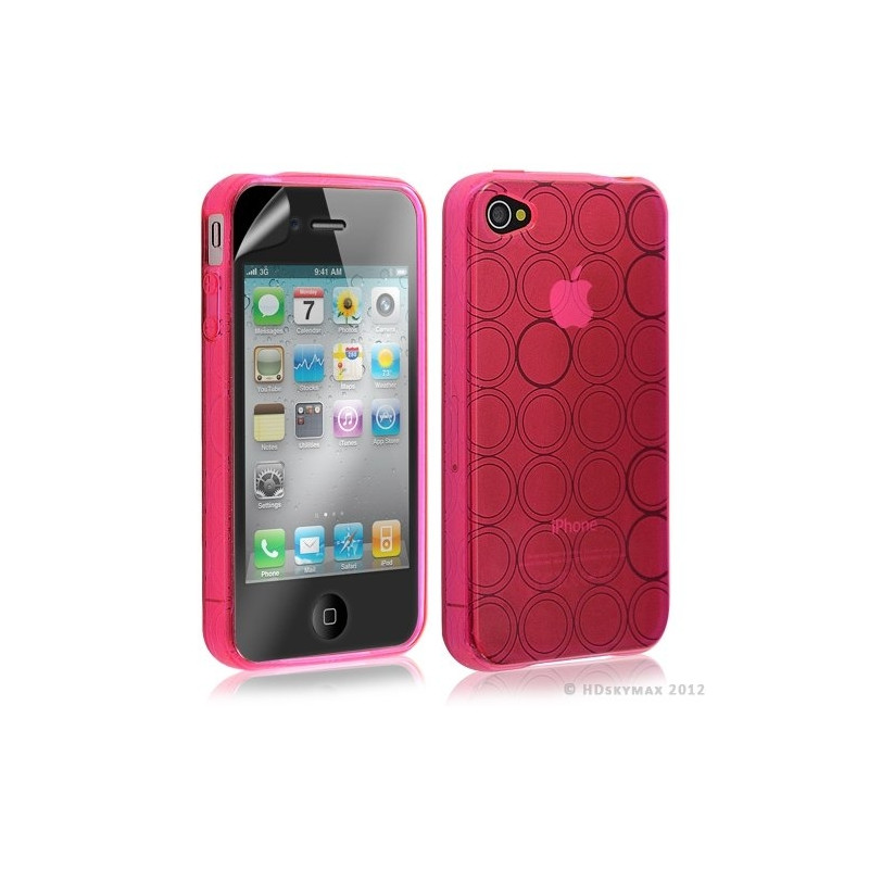 Housse étui coque en gel transparent pour Apple Iphone 4/4S motif rond couleur rose fuschia + Film protection