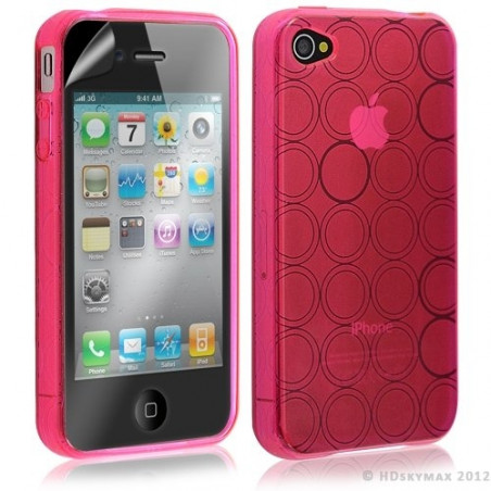 Housse étui coque en gel transparent pour Apple Iphone 4/4S motif rond couleur rose fuschia + Film protection