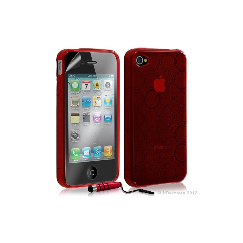 Housse étui coque en gel transparent pour Apple Iphone 4/4S motif rond couleur rouge + mini stylet + Film protection