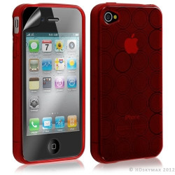 Housse étui coque en gel transparent pour Apple Iphone 4/4S motif rond couleur rouge + Film protection