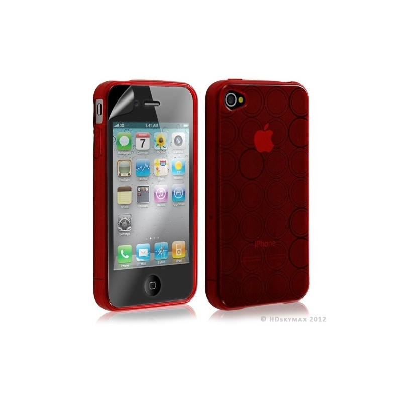 Housse étui coque en gel transparent pour Apple Iphone 4/4S motif rond couleur rouge + Film protection