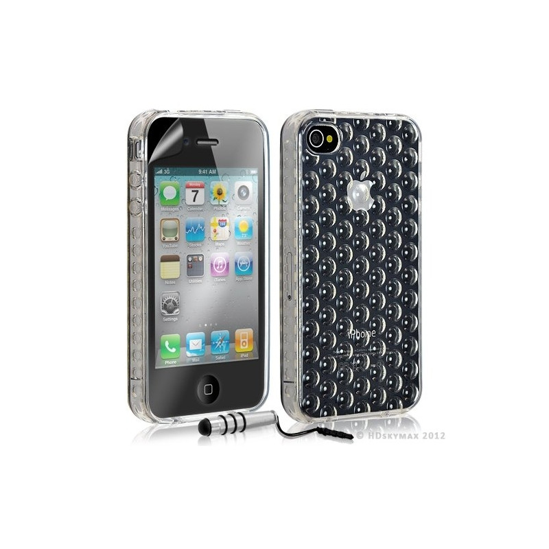 Housse étui coque en gel transparent pour Apple Iphone 4/4S motif bulle couleur blanc + mini stylet + Film protection