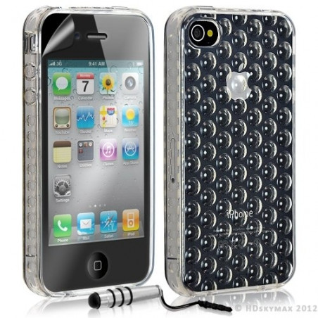 Housse étui coque en gel transparent pour Apple Iphone 4/4S motif bulle couleur blanc + mini stylet + Film protection