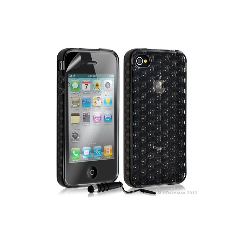 Housse étui coque en gel transparent pour Apple Iphone 4/4S motif bulle couleur noir + mini stylet + Film protection