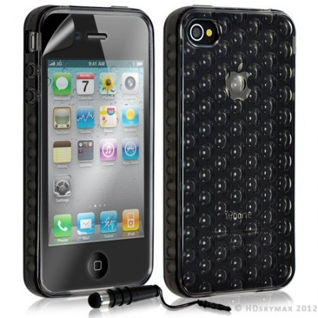 Housse étui coque en gel transparent pour Apple Iphone 4/4S motif bulle couleur noir + mini stylet + Film protection