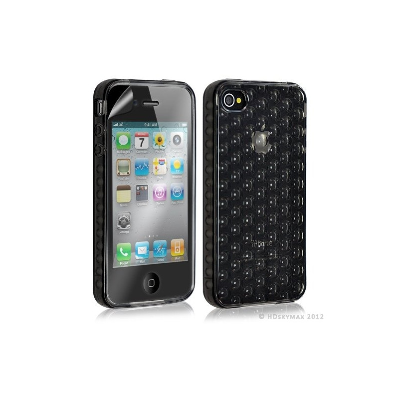 Housse étui coque en gel transparent pour Apple Iphone 4/4S motif bulle couleur noir + Film protection