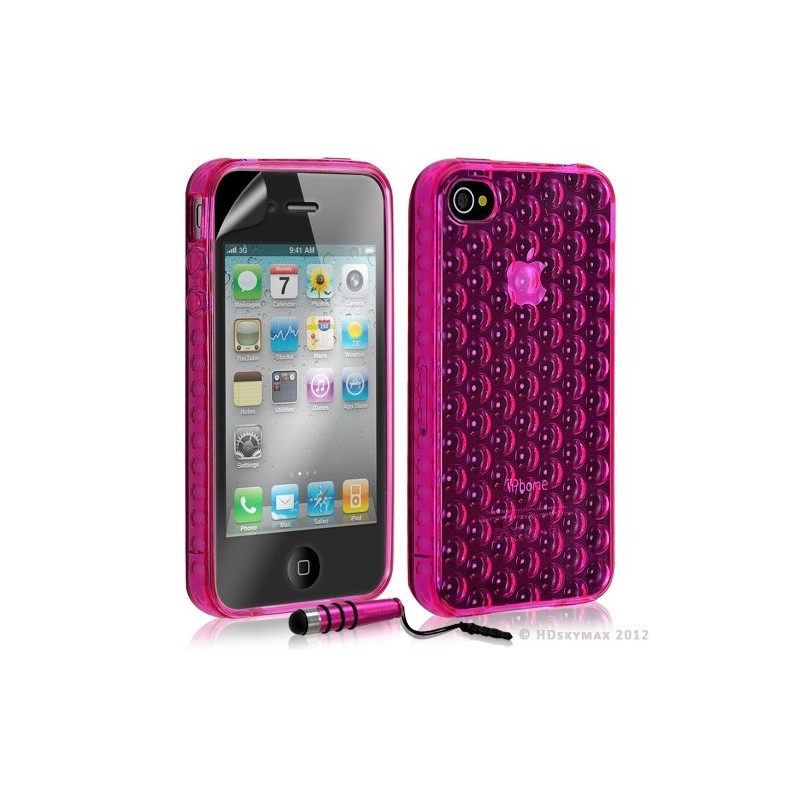 Housse étui coque en gel transparent pour Apple Iphone 4/4S motif bulle couleur rose fuschia + mini stylet + Film protection