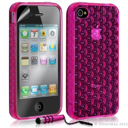 Housse étui coque en gel transparent pour Apple Iphone 4/4S motif bulle couleur rose fuschia + mini stylet + Film protection