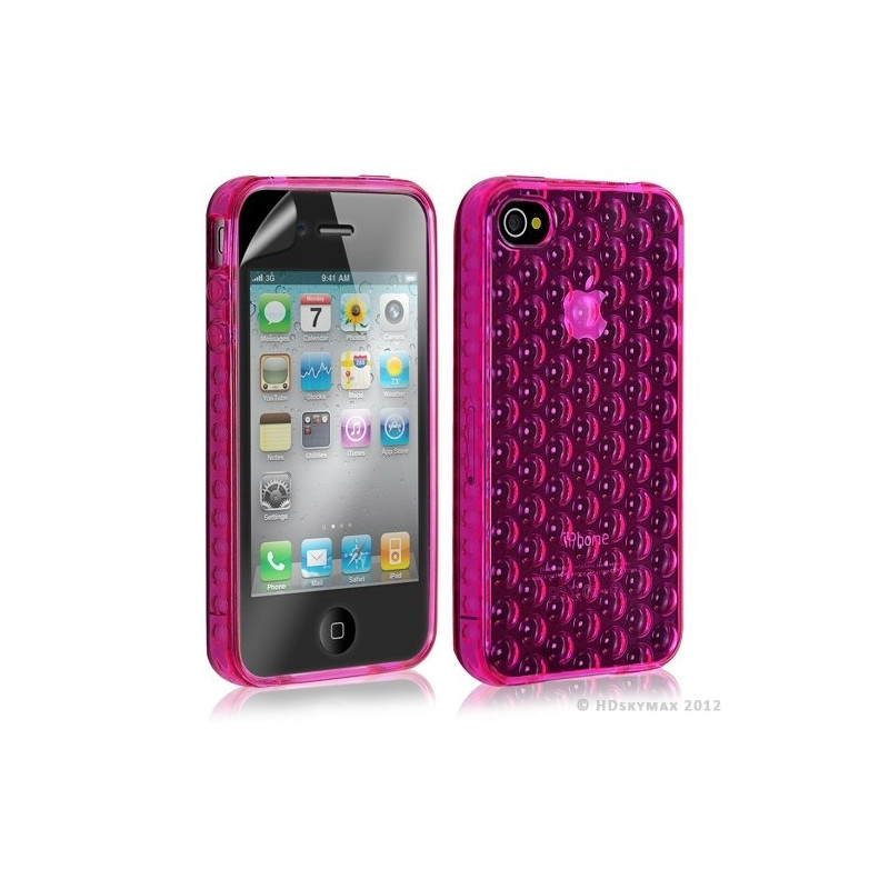 Housse étui coque en gel transparent pour Apple Iphone 4/4S motif bulle couleur rose fuschia + Film protection