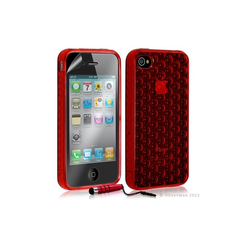 Housse étui coque en gel transparent pour Apple Iphone 4/4S motif bulle couleur rouge + mini stylet + Film protection