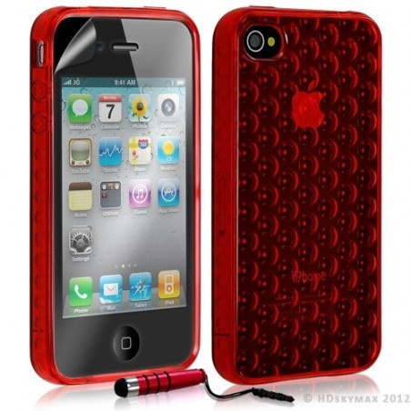 Housse étui coque en gel transparent pour Apple Iphone 4/4S motif bulle couleur rouge + mini stylet + Film protection