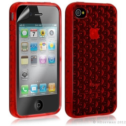 Housse étui coque en gel transparent pour Apple Iphone 4/4S motif bulle couleur rouge + Film protection