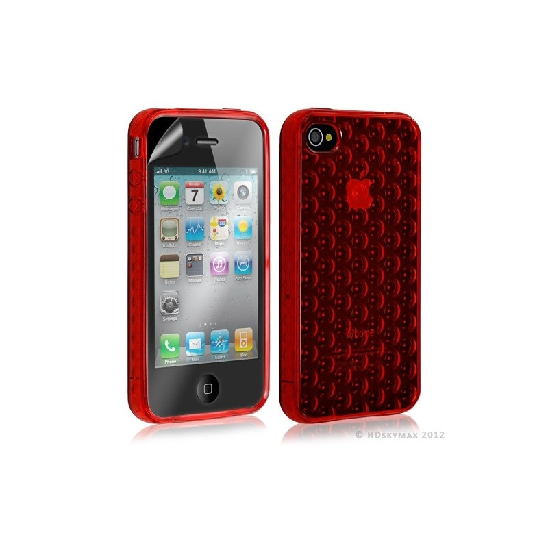 Housse étui coque en gel transparent pour Apple Iphone 4/4S motif bulle couleur rouge + Film protection