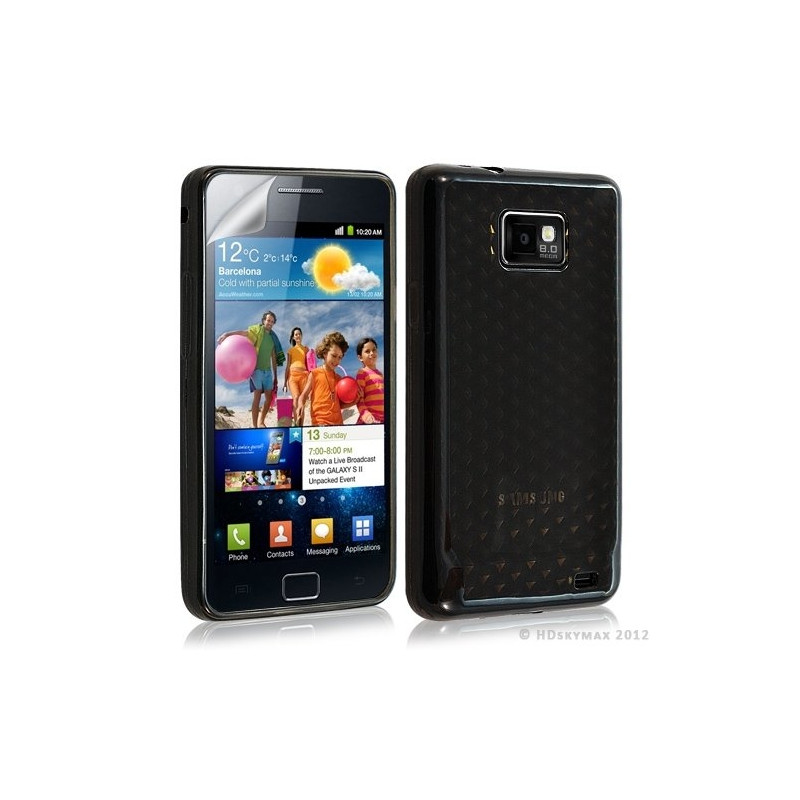 Housse étui coque en gel transparent pour Samsung Galaxy S2 motif damiers couleur noir + film