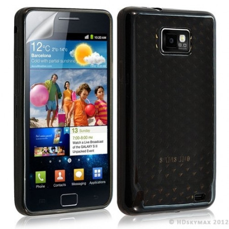 Housse étui coque en gel transparent pour Samsung Galaxy S2 motif damiers couleur noir + film