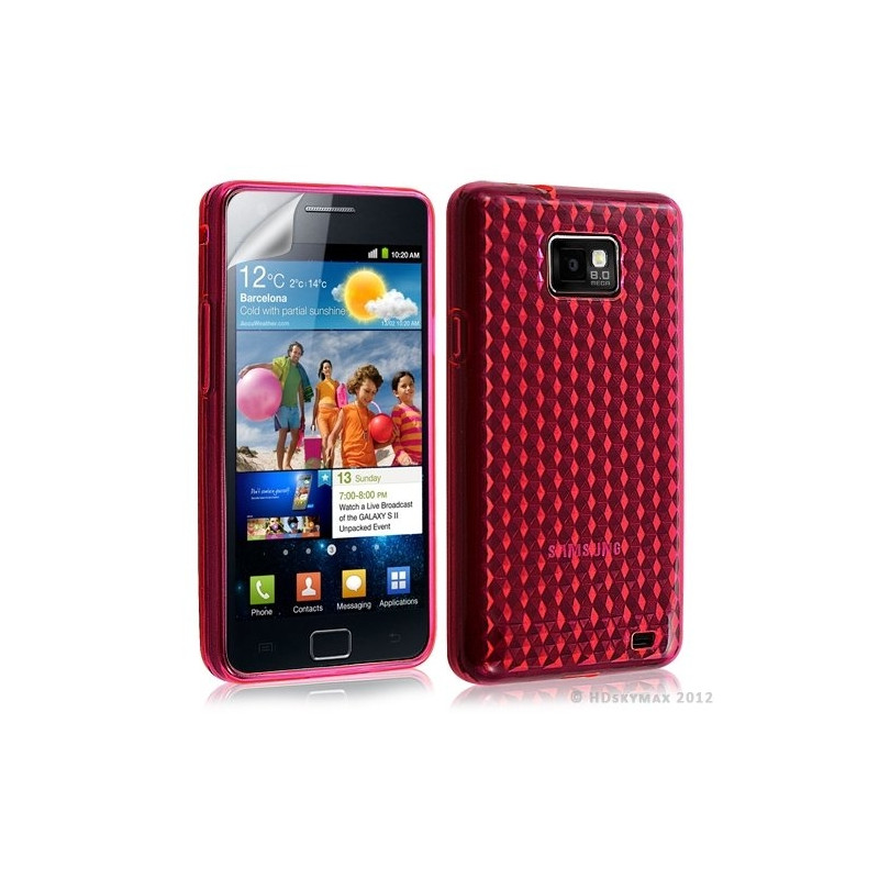 Housse étui coque en gel transparent pour Samsung Galaxy S2 motif damiers couleur rose fushia + film