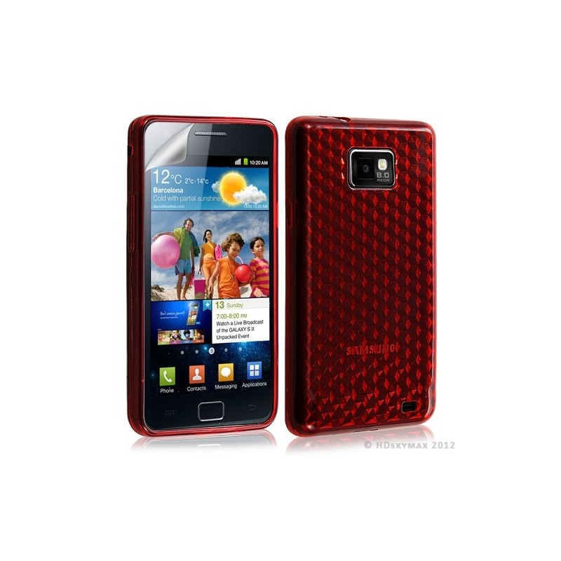 Housse étui coque en gel transparent pour Samsung Galaxy S2 motif damiers couleur rouge + film