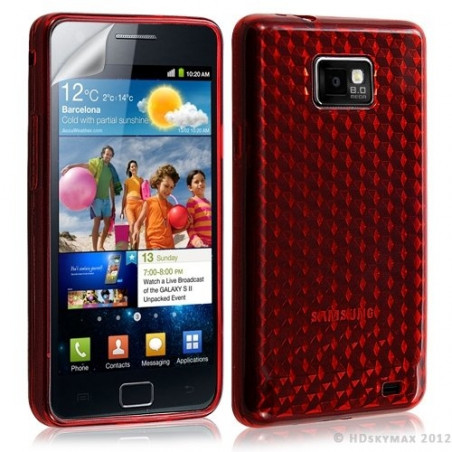 Housse étui coque en gel transparent pour Samsung Galaxy S2 motif damiers couleur rouge + film