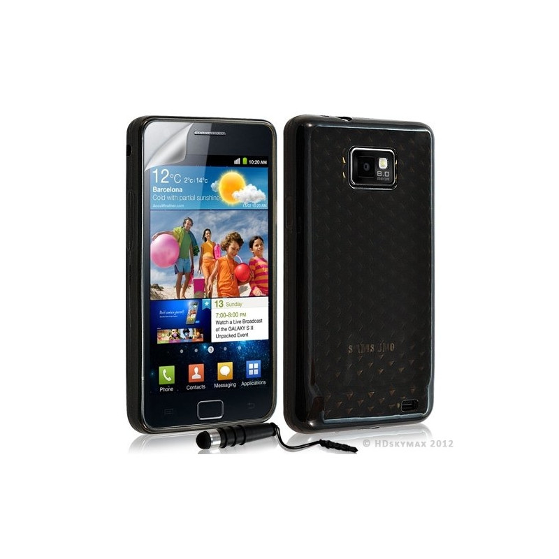 Housse étui coque en gel transparent pour Samsung Galaxy S2 motif damiers couleur noir + mini stylet + film