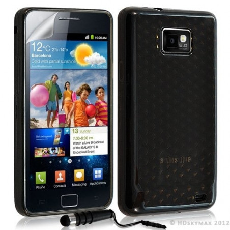 Housse étui coque en gel transparent pour Samsung Galaxy S2 motif damiers couleur noir + mini stylet + film