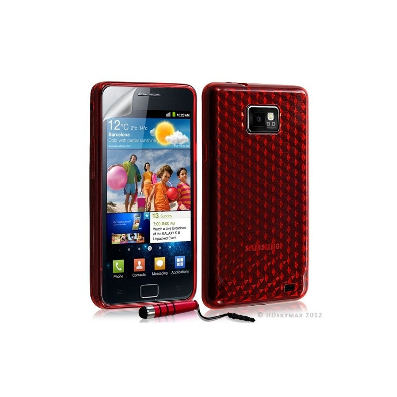 Housse étui coque en gel transparent pour Samsung Galaxy S2 motif damiers couleur rouge + mini stylet + film