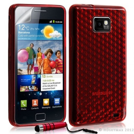 Housse étui coque en gel transparent pour Samsung Galaxy S2 motif damiers couleur rouge + mini stylet + film