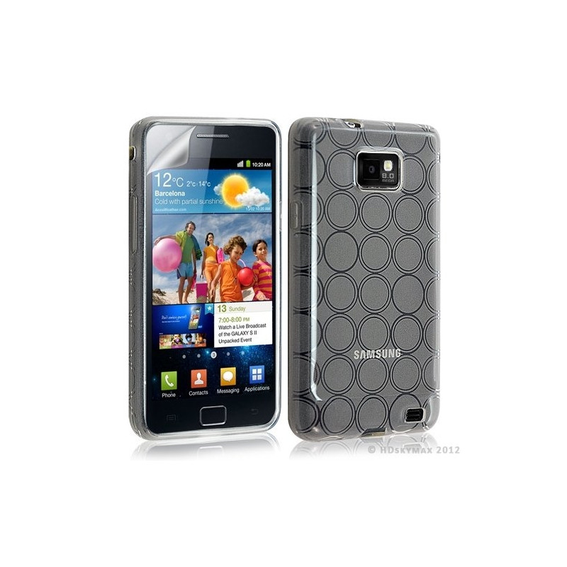 Housse étui coque en gel transparent pour Samsung Galaxy S2 motif rond couleur blanc + film