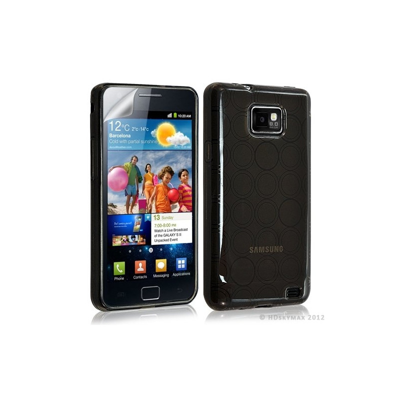 Housse étui coque en gel transparent pour Samsung Galaxy S2 motif rond couleur noir + film