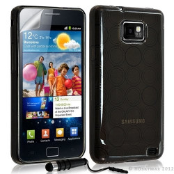 Housse étui coque en gel transparent pour Samsung Galaxy S2 motif rond couleur noir + mini stylet + film