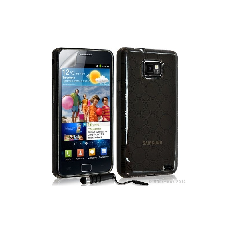 Housse étui coque en gel transparent pour Samsung Galaxy S2 motif rond couleur noir + mini stylet + film