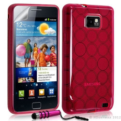 Housse étui coque en gel transparent pour Samsung Galaxy S2 motif rond couleur rose fuschia + mini stylet + film