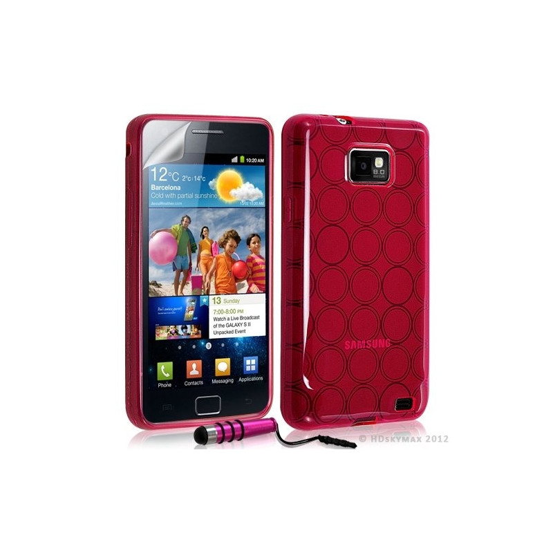 Housse étui coque en gel transparent pour Samsung Galaxy S2 motif rond couleur rose fuschia + mini stylet + film