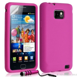 Housse étui coque en silicone pour Samsung Galaxy S2 couleur rose fuschia + mini stylet + film