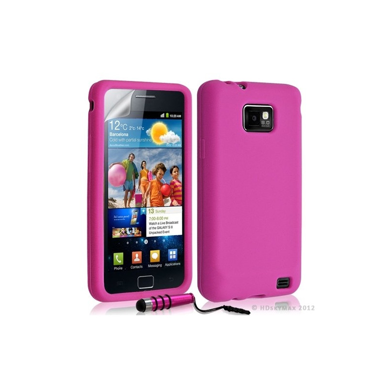 Housse étui coque en silicone pour Samsung Galaxy S2 couleur rose fuschia + mini stylet + film