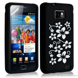 Housse étui coque en silicone pour Samsung Galaxy S2 motif fleurs couleur noir + film