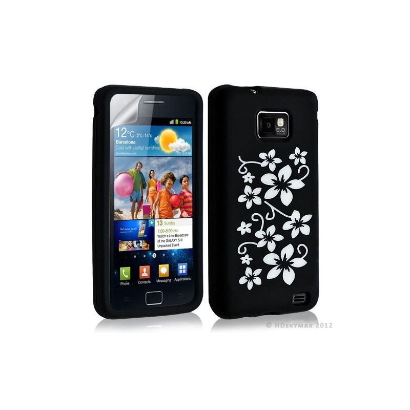 Housse étui coque en silicone pour Samsung Galaxy S2 motif fleurs couleur noir + film