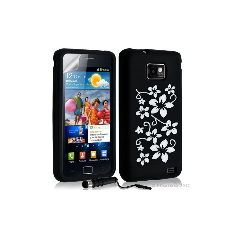 Housse étui coque en silicone pour Samsung Galaxy S2 motif fleurs couleur noir + mini stylet